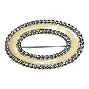 Vintage 1980s Monet Cream Enamel Silver Tone Oval Brooch